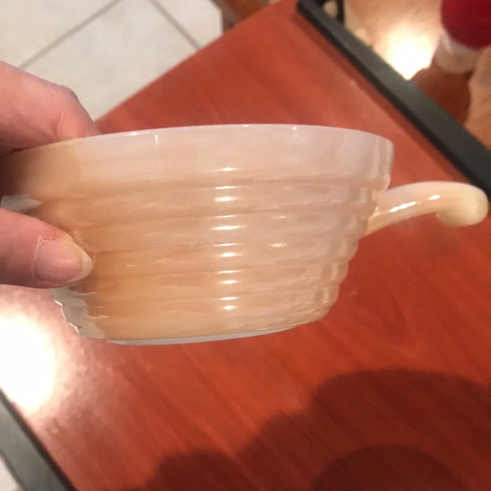 Anchor Hocking Fire King Peach Luster Iridescent Vintage Handled Soup Bowl